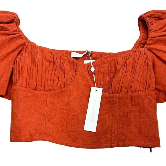 Jonathan Simkhai Puff Sleeves Top Womens 10 Orange Linen Quince Cropped NEW - Picture 4 of 12